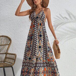 Navy Blue Boho Womens Allover Print Tie Backless Halter Dress